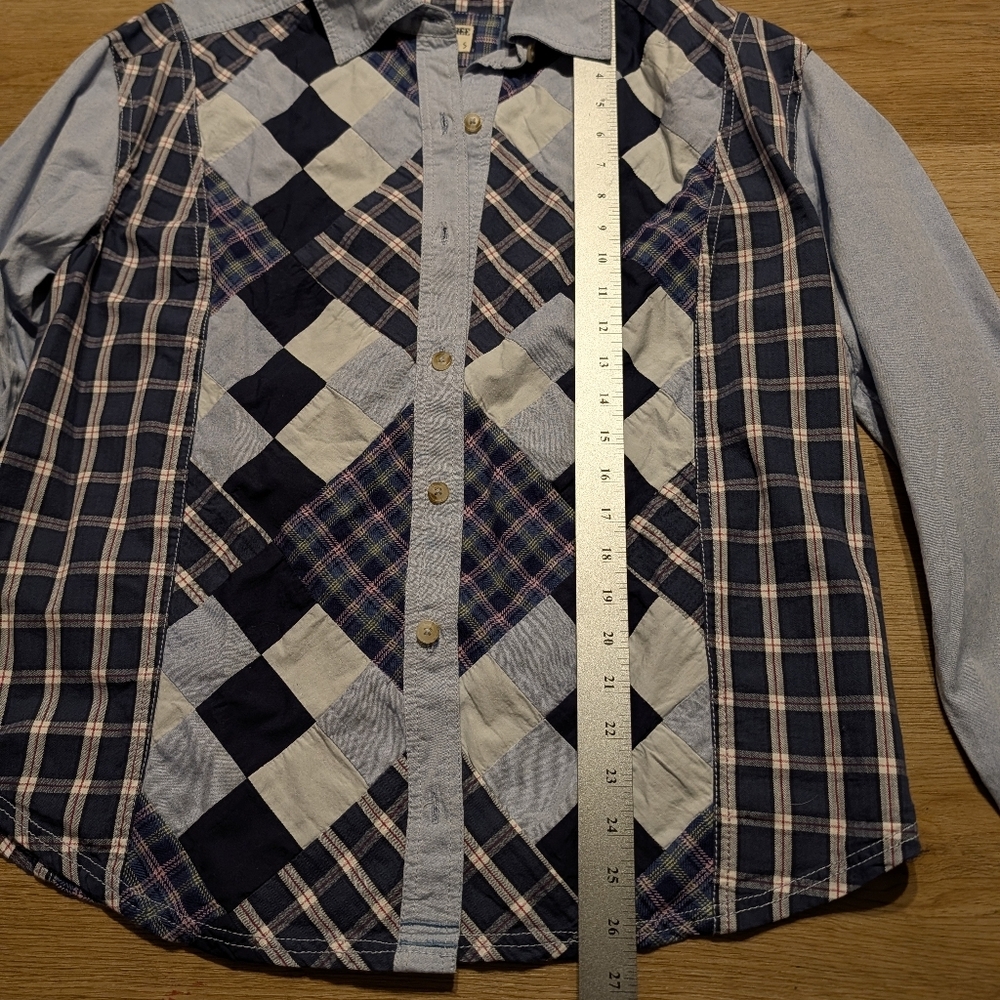 Free People NWOT Argyle Plaid Shirt in Blue-Multi Patchwork sz SML​ - Picture 11 of 12